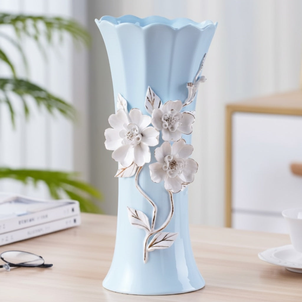 Light Blue Ceramic Fluted Floral Vase