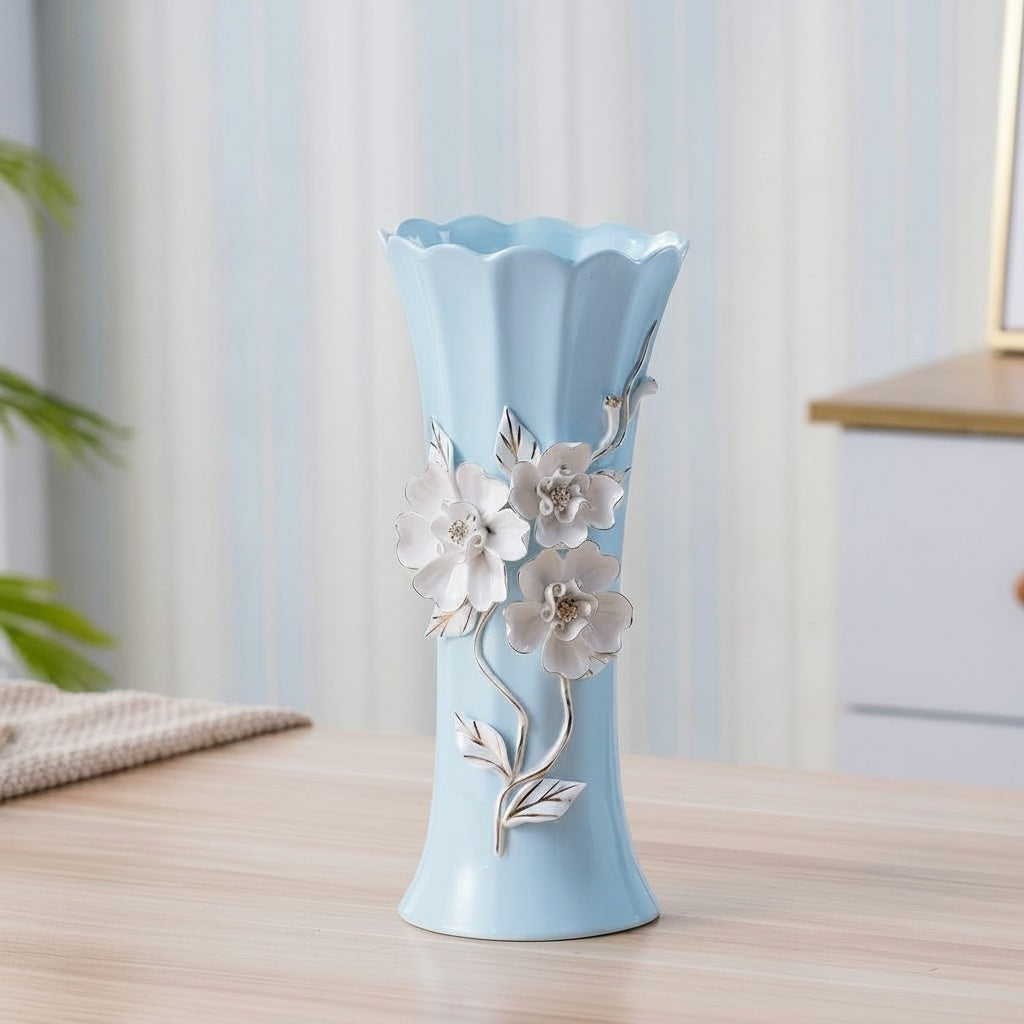 Light Blue Ceramic Fluted Floral Vase
