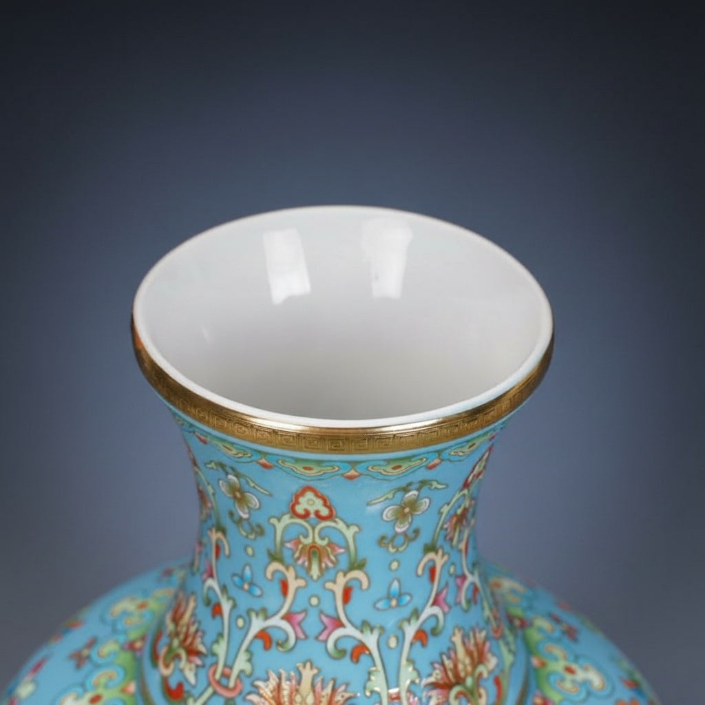 Light Blue Floral Porcelain Baluster Vase Top Rim