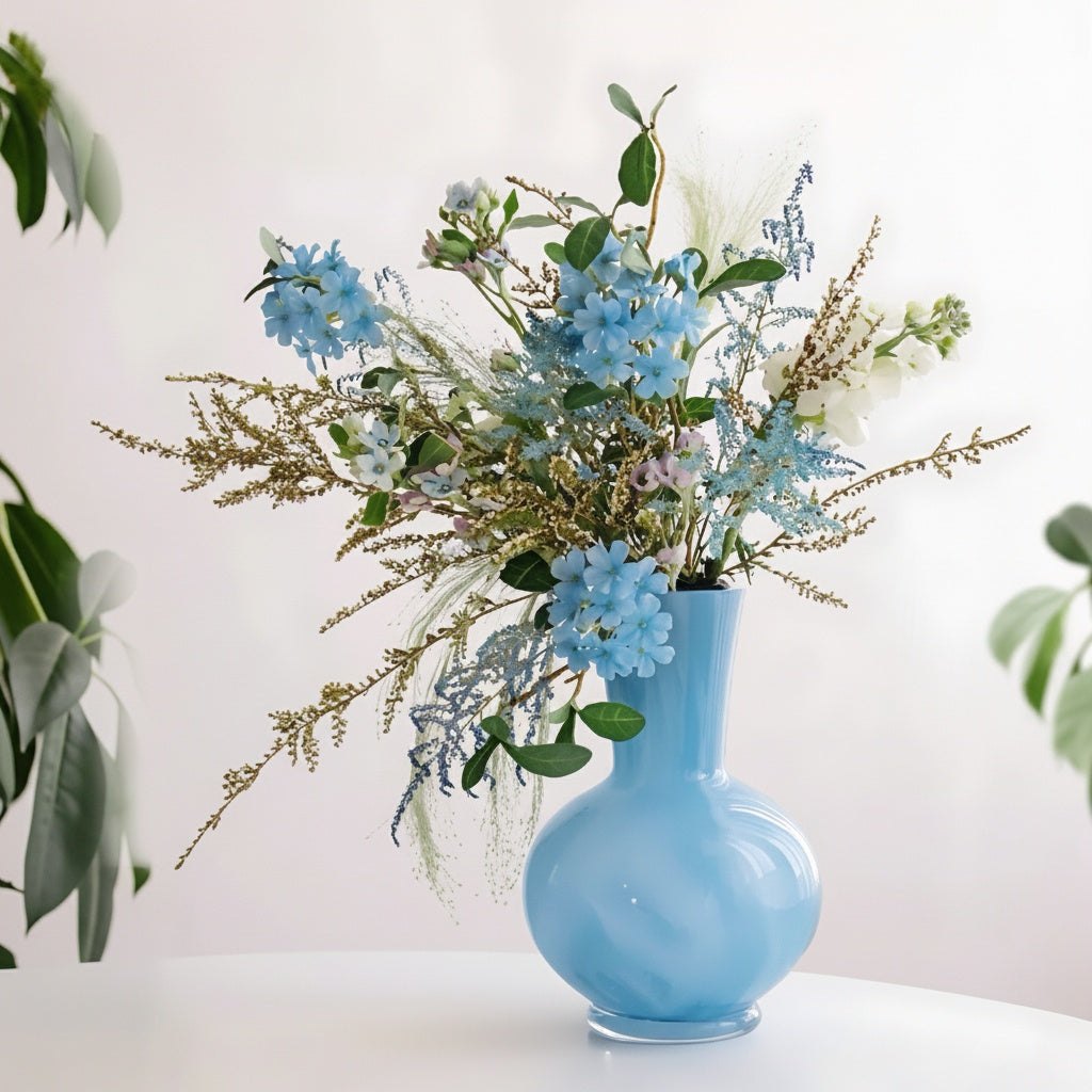 Light Blue Glass Bulbous Vase with Floral Arrangement
