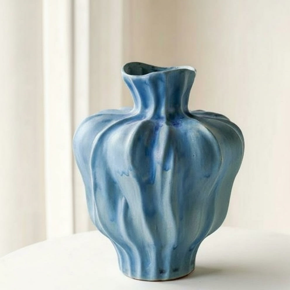 Light Blue Glazed Ceramic Fluted Vase