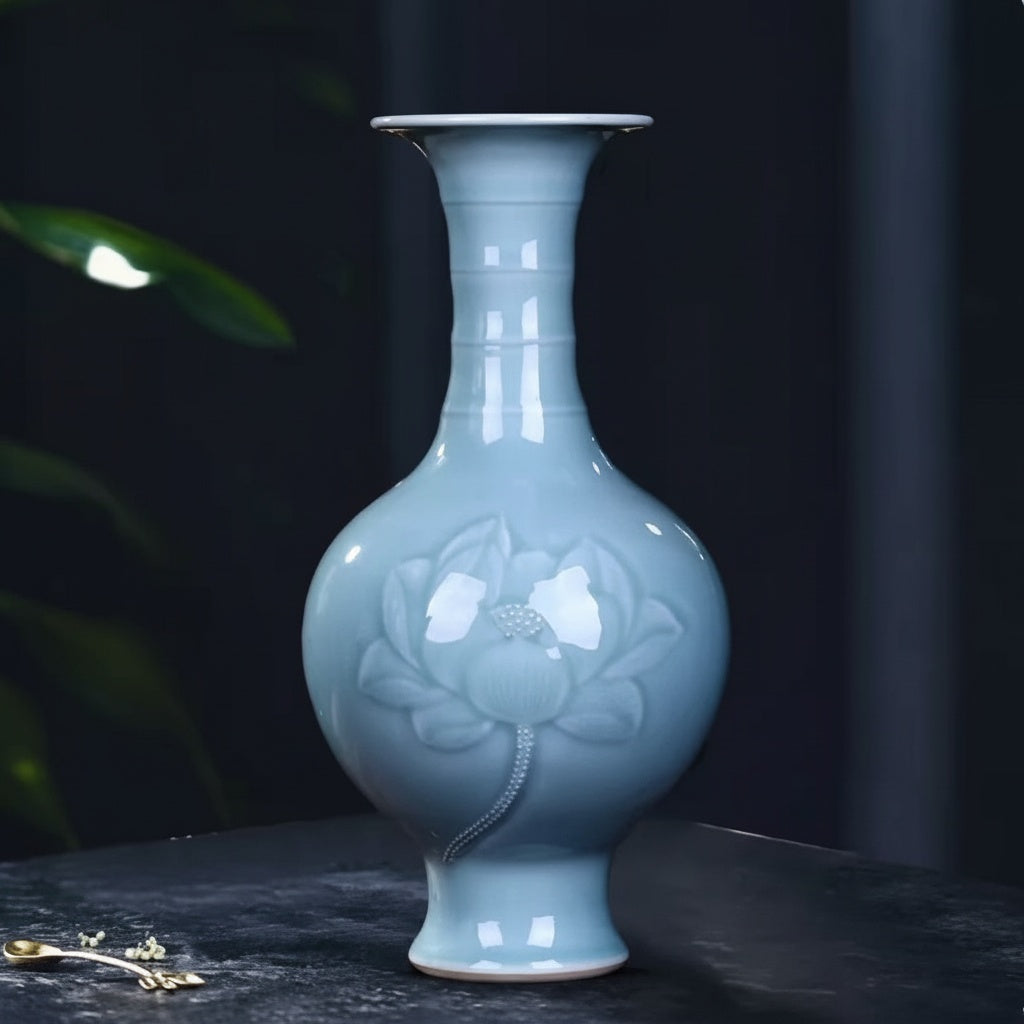 Light Blue Glazed Ceramic Lotus Vase