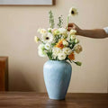 Light Blue Glazed Ceramic Ovoid Vase with Flowers