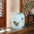 Light Blue Porcelain Bird Motif Lidded Jar