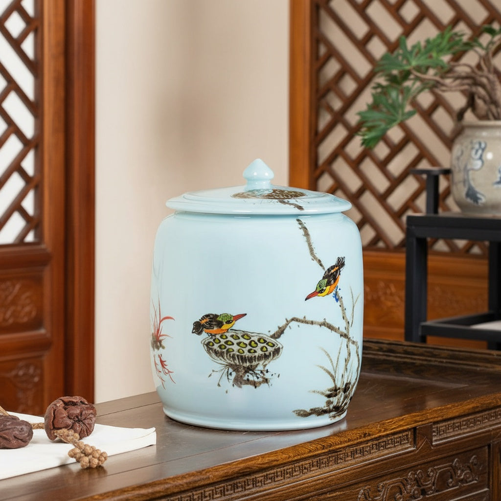 Light Blue Porcelain Bird Motif Lidded Jar