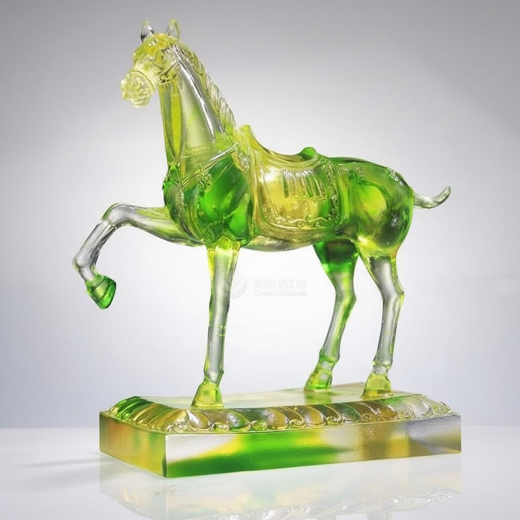 Angled view of crystal glass horse statue showing saddle details