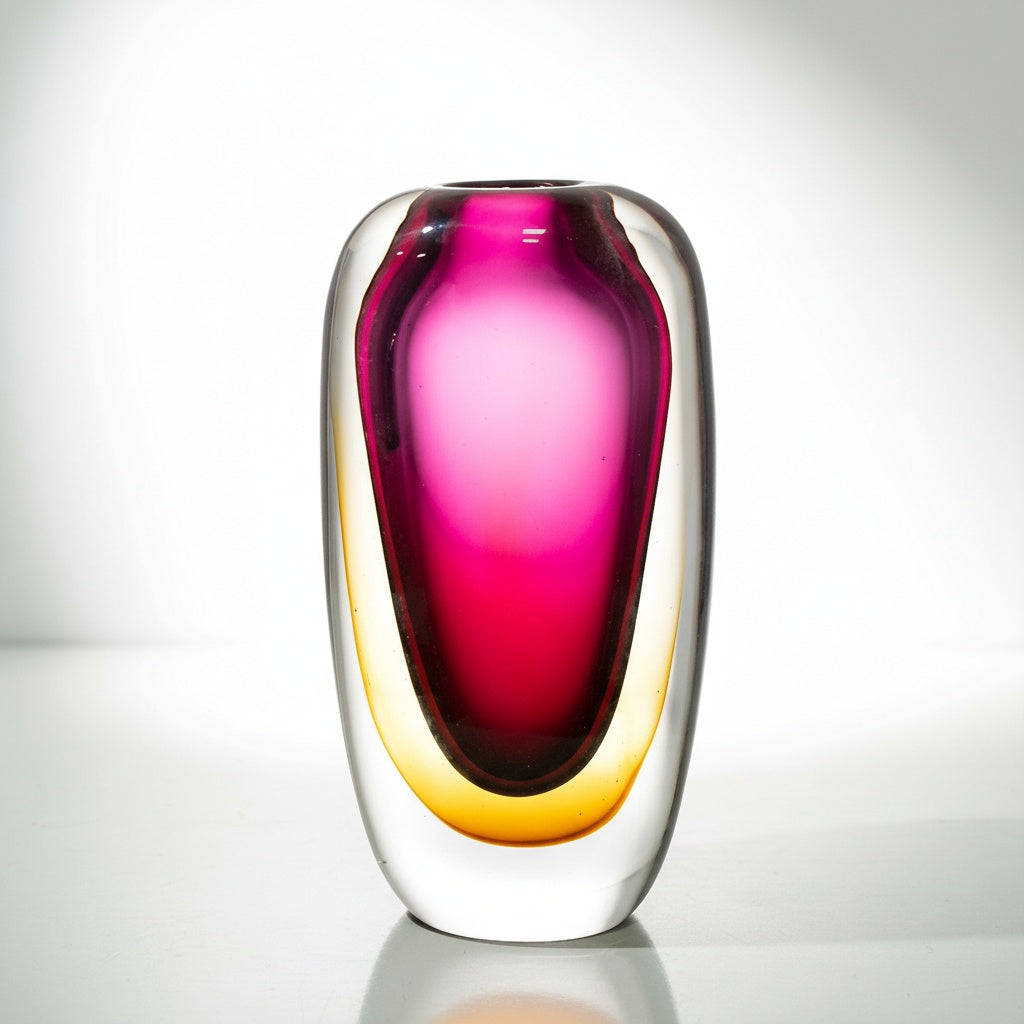 Front view of magenta and amber art glass oval vase on white background