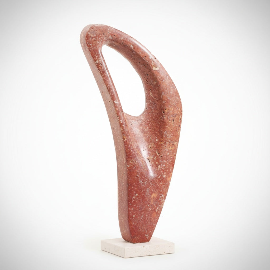 White textured stone abstract sculpture on base