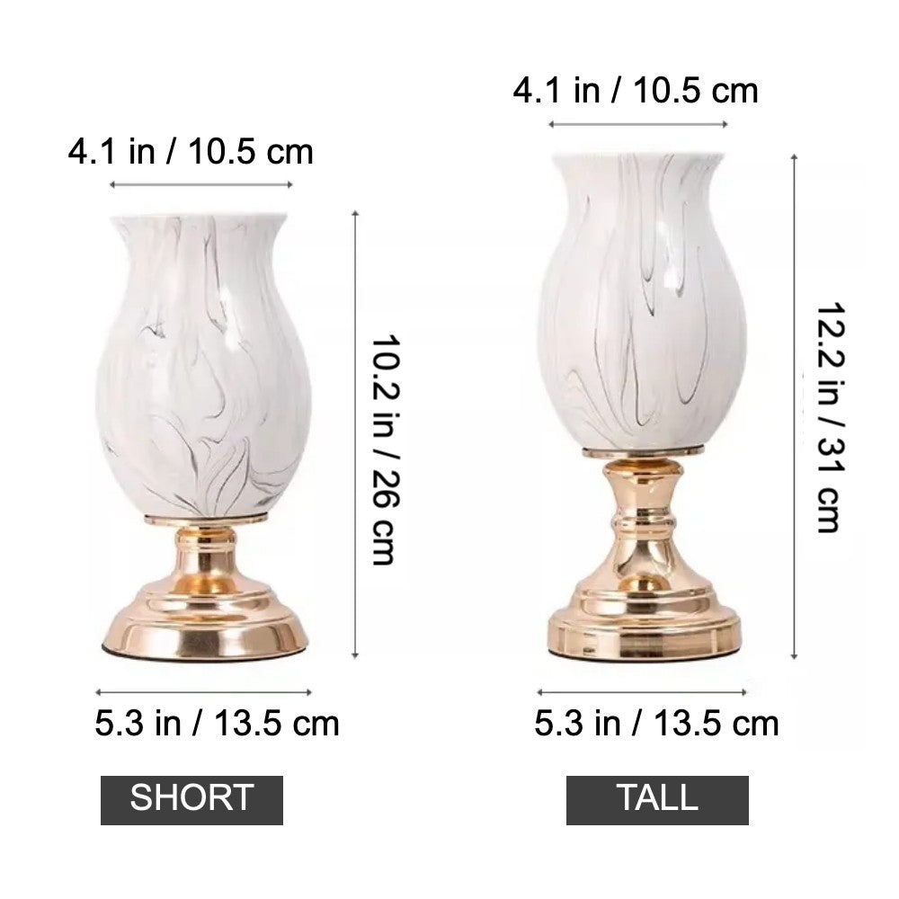 Dimensions of short and tall marble pattern ceramic pedestal vases