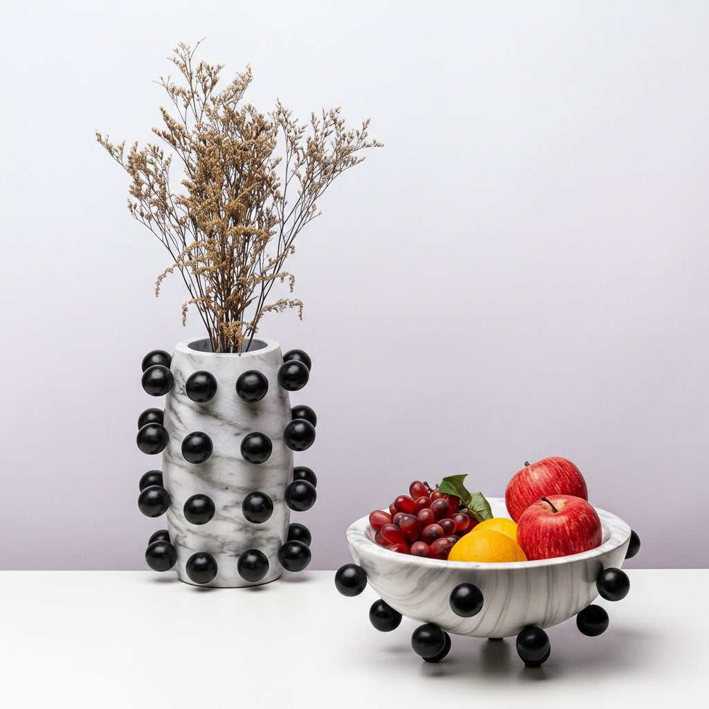 Marble effect resin vase and bowl set with black studs