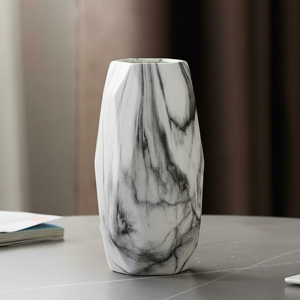 Marble finish ceramic faceted vase
