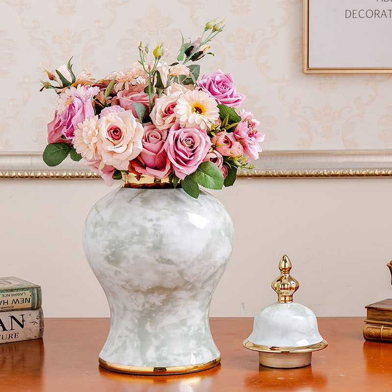 Lifestyle shot of large jar with pink roses