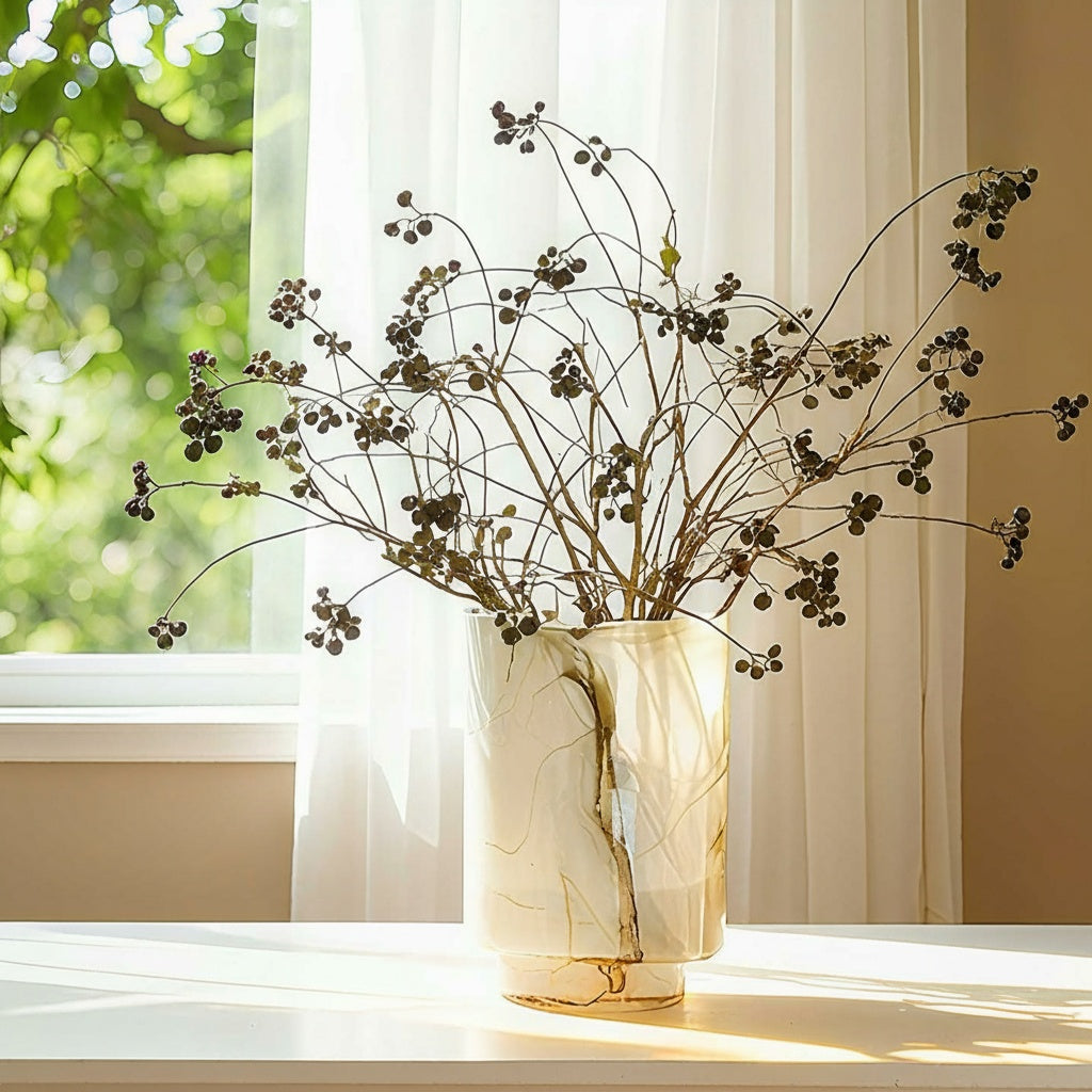 Marble-pattern glass cylindrical vase with dried botanicals on table