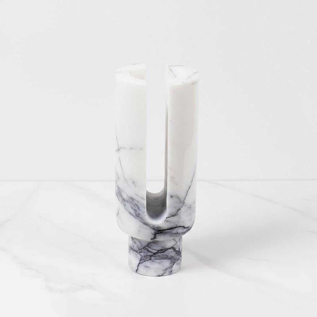 White marble u-shaped candle holder front view