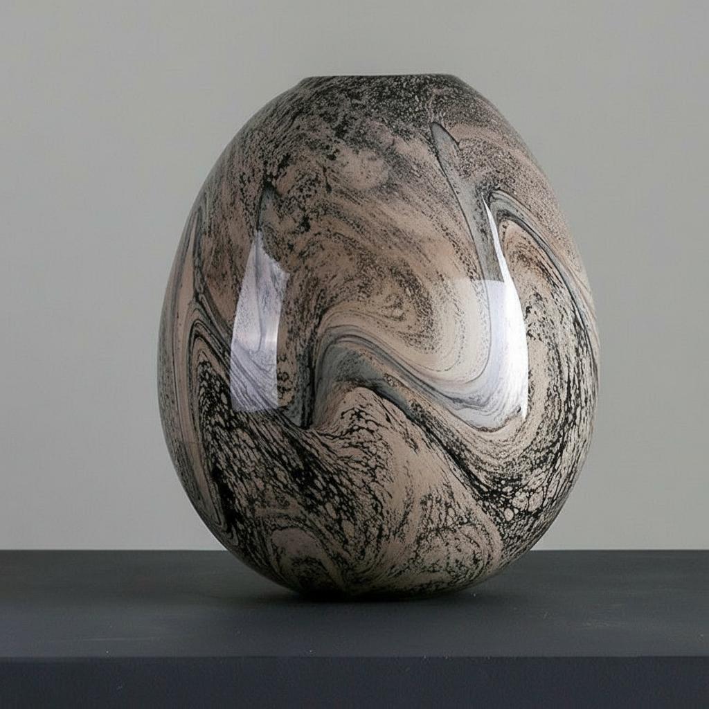 Front view of medium round marbled glass vase