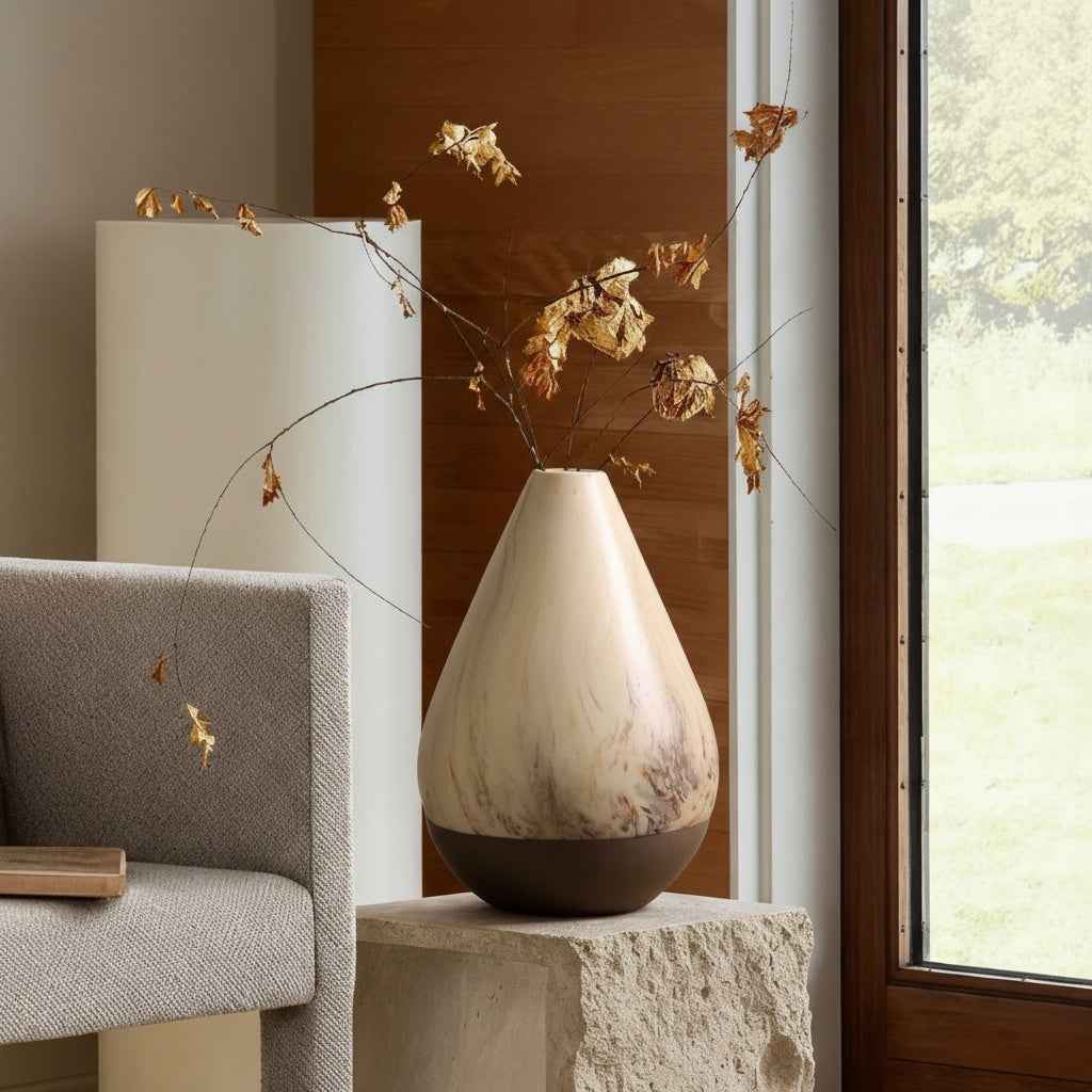 Ceramic vase with dried botanicals in a modern living room setting