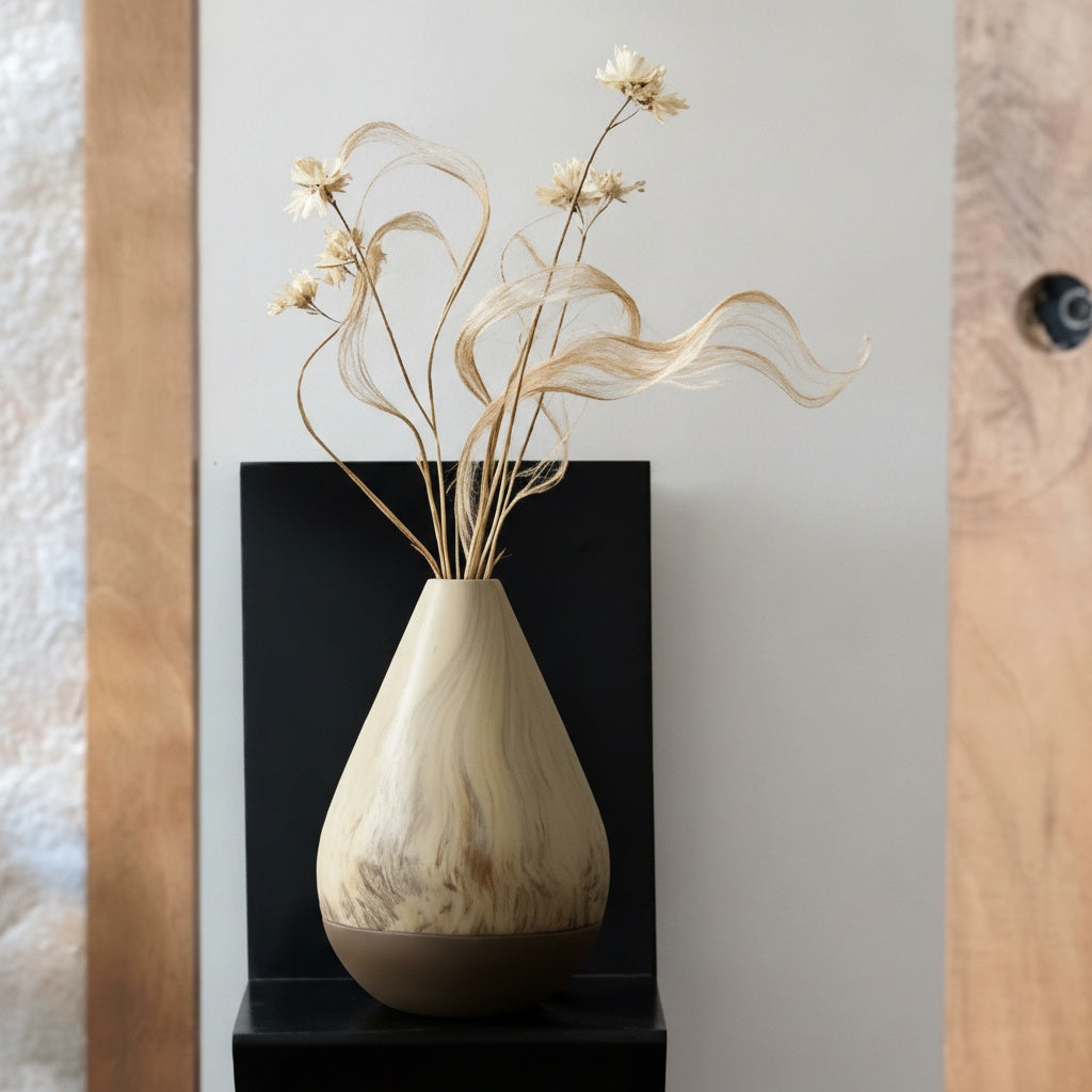 Vase styled on a black shelf against a white wall with dried flowers