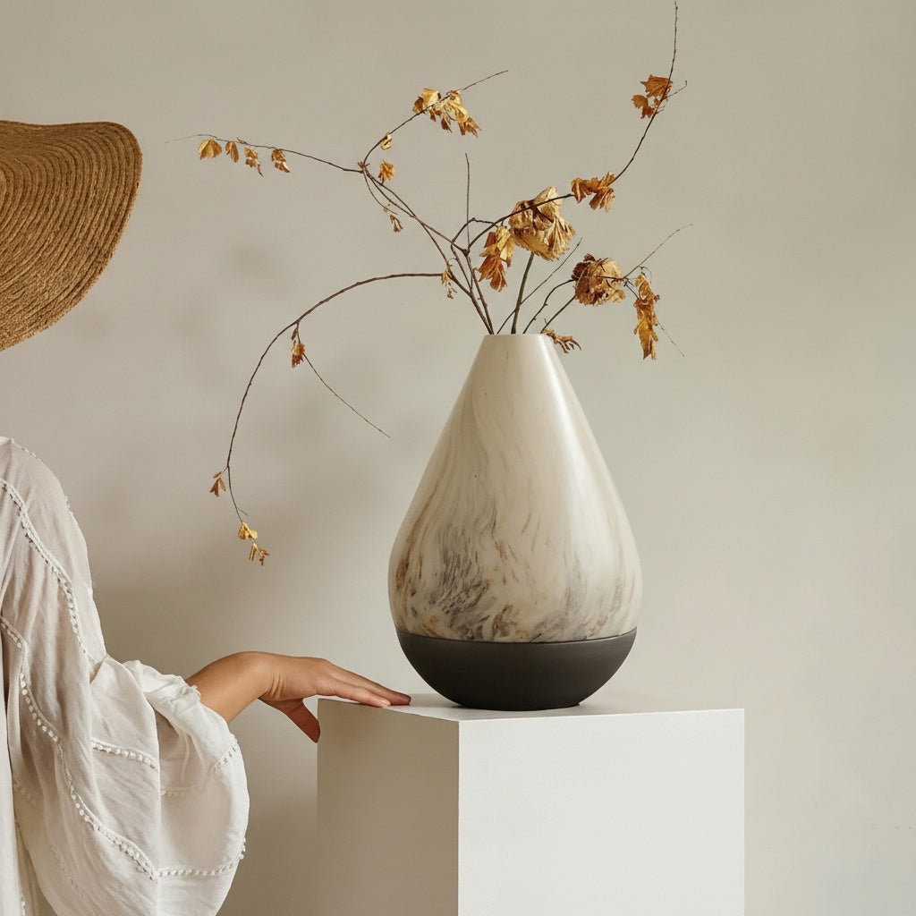 Lifestyle shot of vase on white pedestal with hand touching the surface