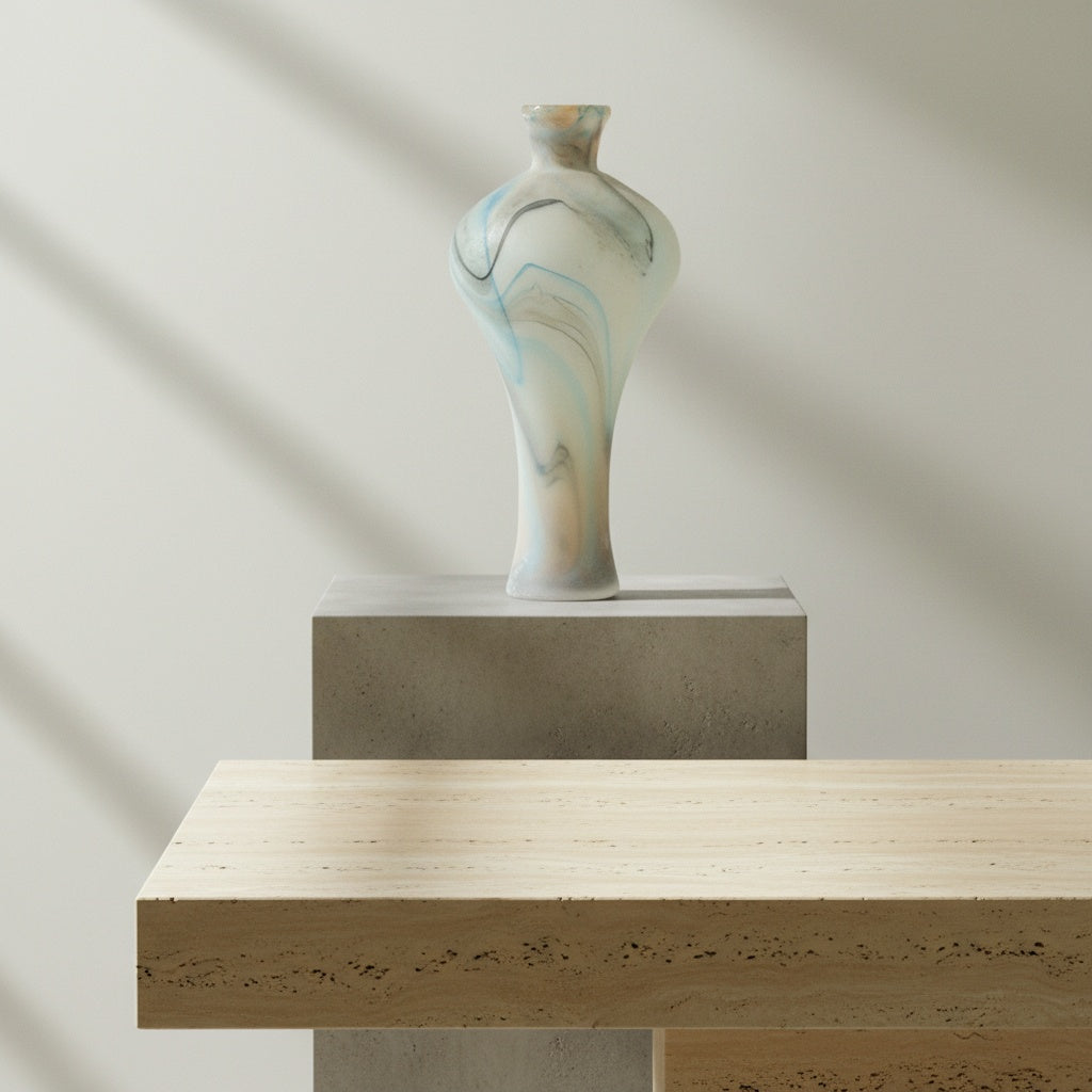 Close up of marbled blue and grey patterns on frosted glass vase