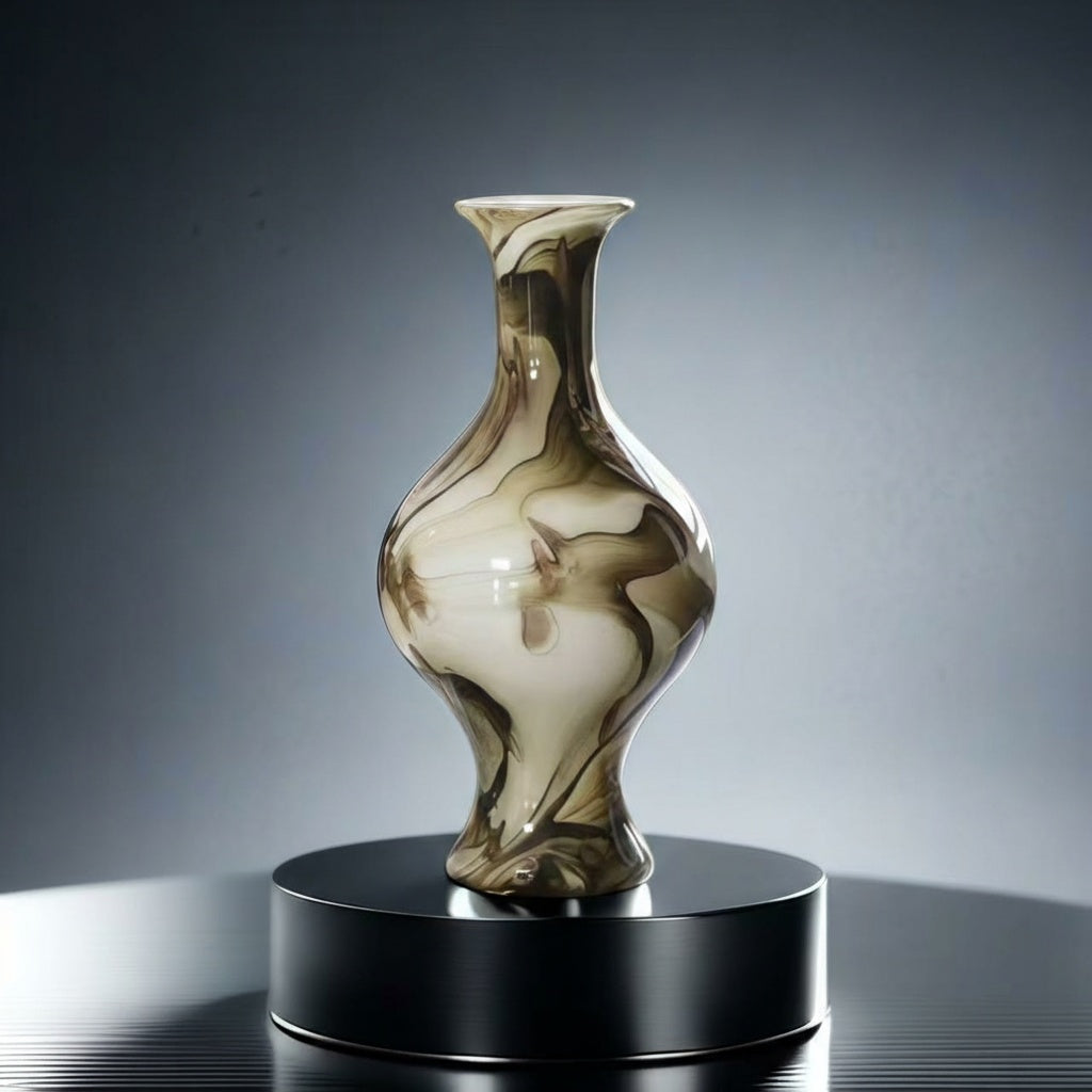 Front view of marbled glass baluster vase on pedestal