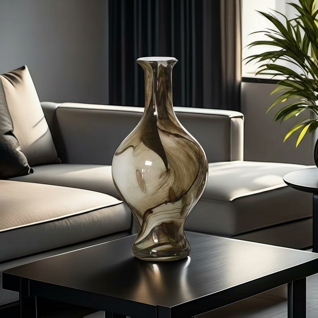 Lifestyle view of marbled glass vase on coffee table in modern living room