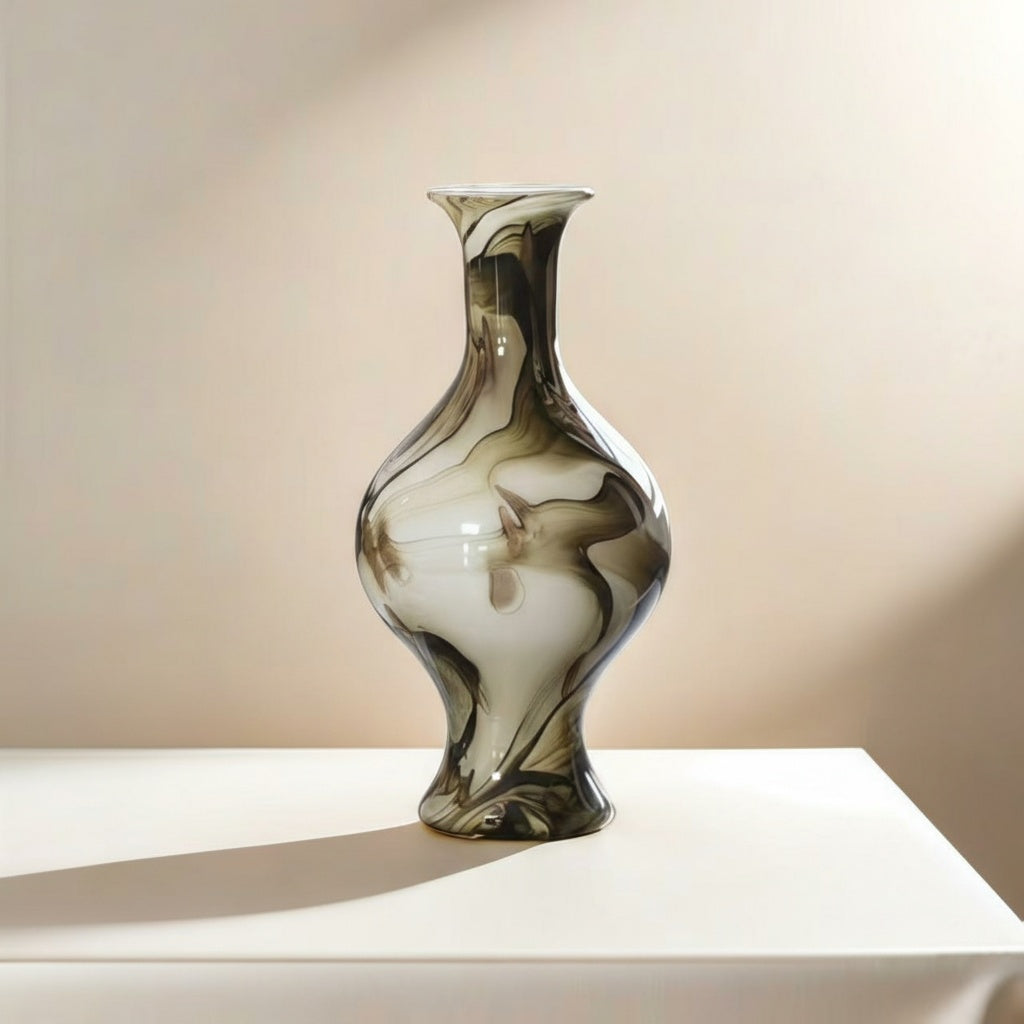Studio shot of marbled glass vase with shadow on white surface