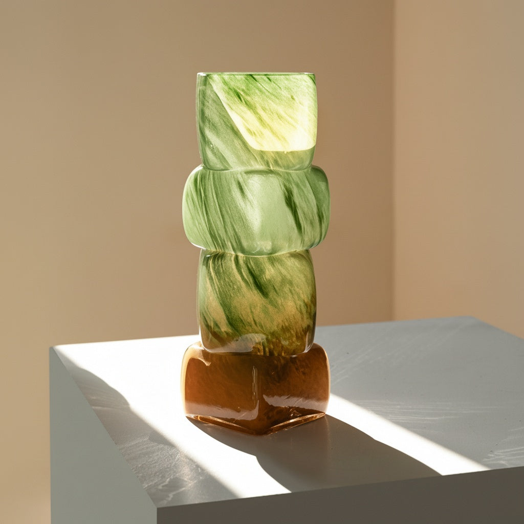 Marbled Glass Stacked Geometric Vase Catching Natural Light