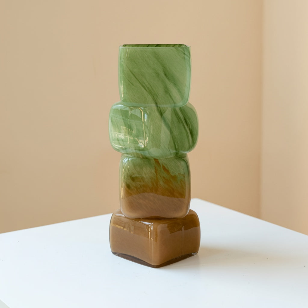 Marbled Glass Stacked Geometric Vase Showing Swirling Patterns