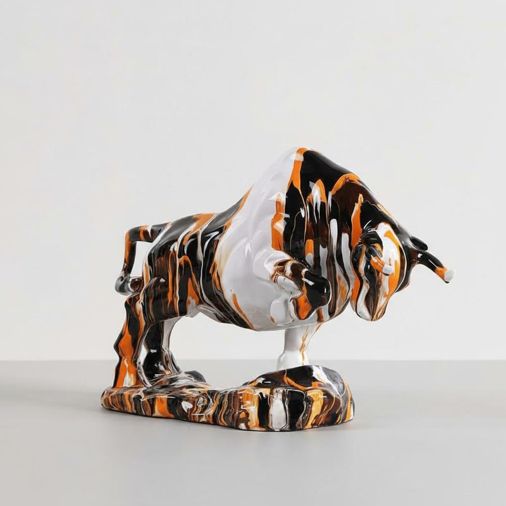 Glossy marbled resin charging bull sculpture side view