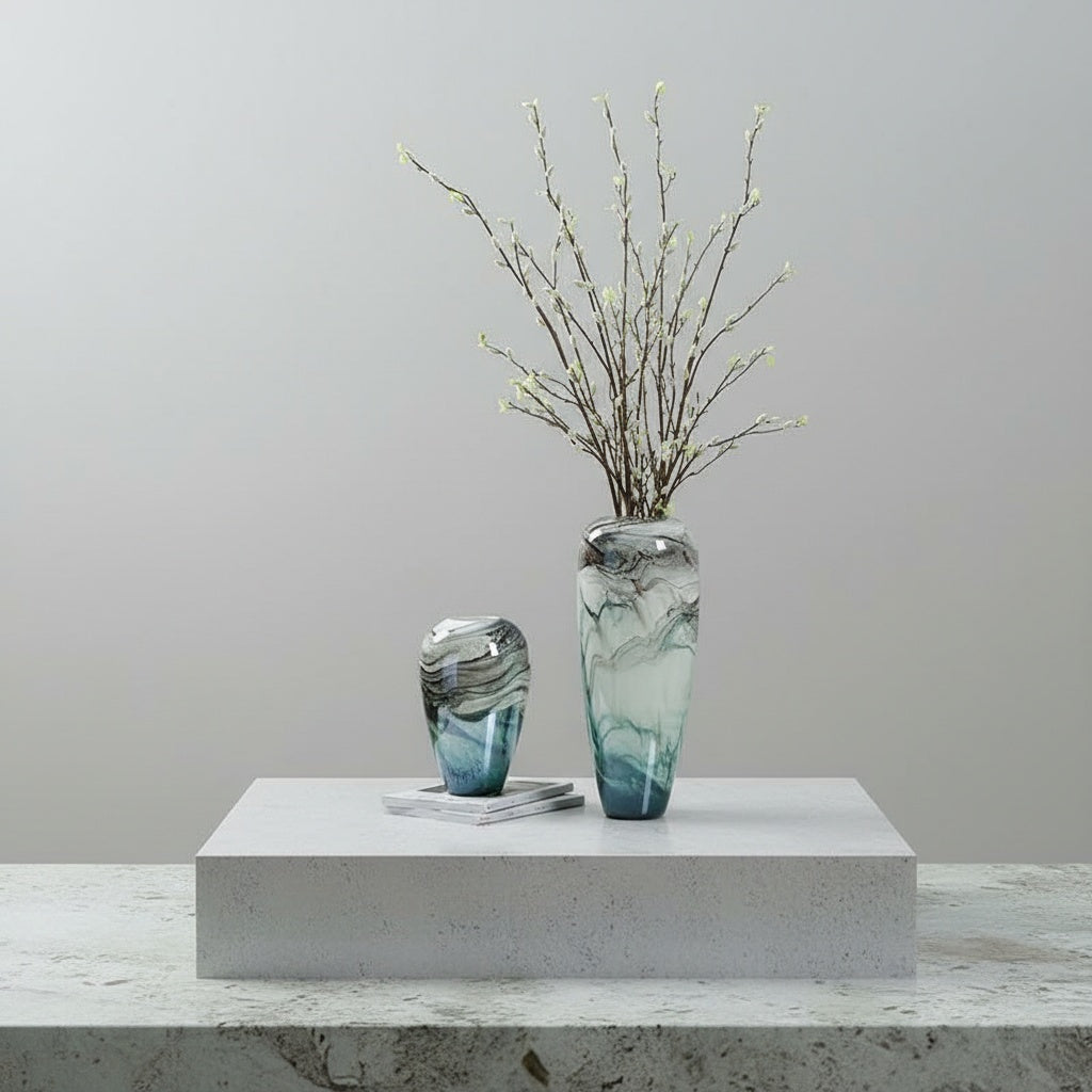 Luxury art glass vases in teal and grey with tall branches
