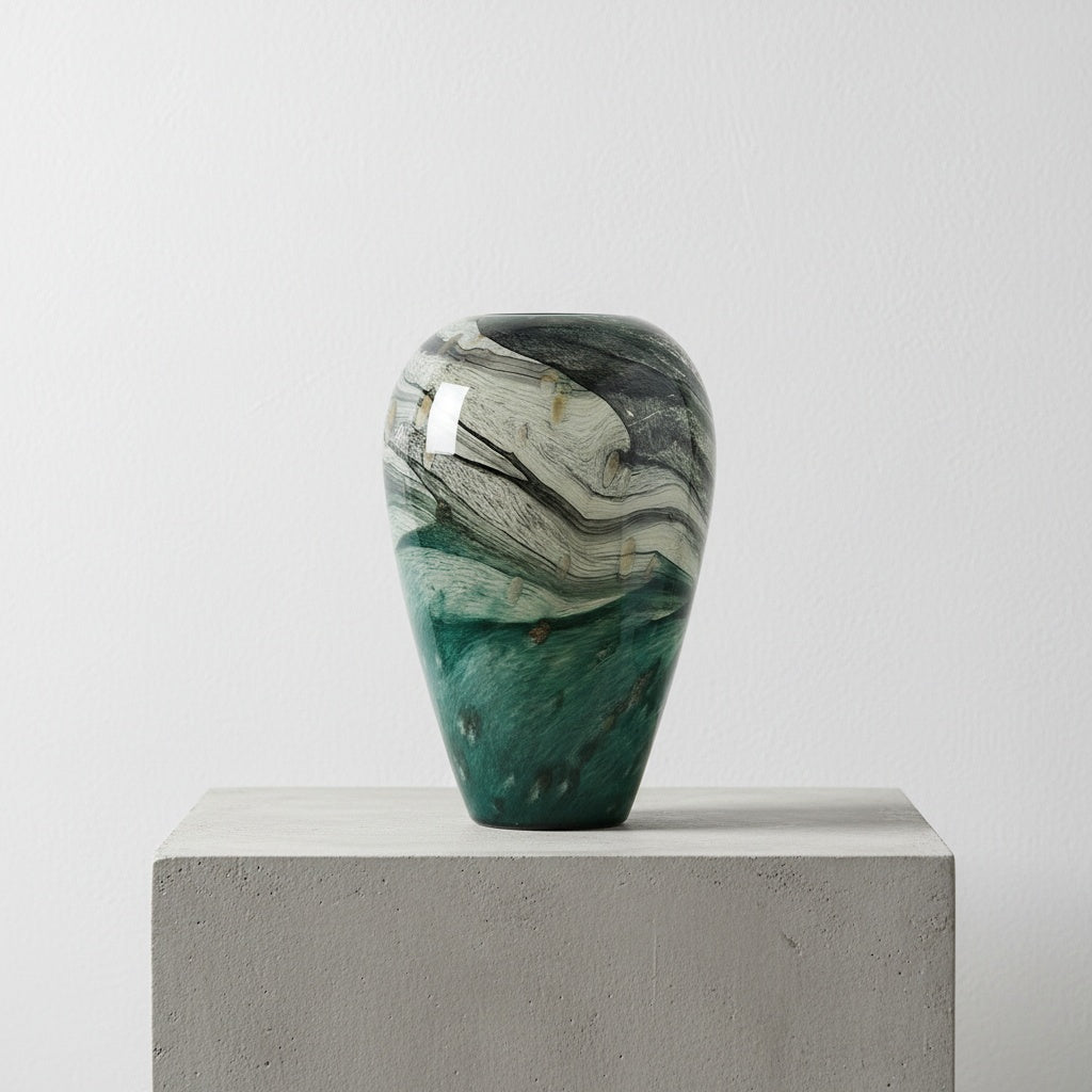 Medium urn shape glass vase with teal and grey swirls