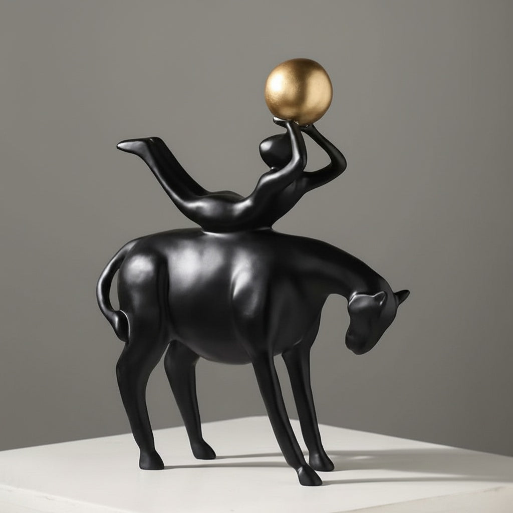Matte Black And Gold Abstract Equestrian Sculpture