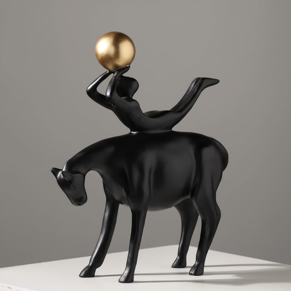 Matte Black And Gold Abstract Equestrian Sculpture