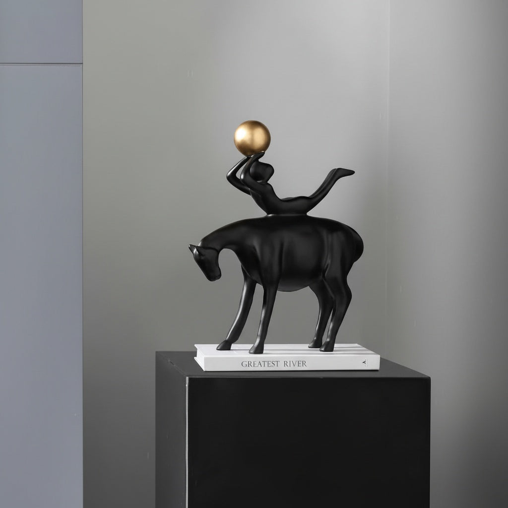 Matte Black And Gold Abstract Equestrian Sculpture