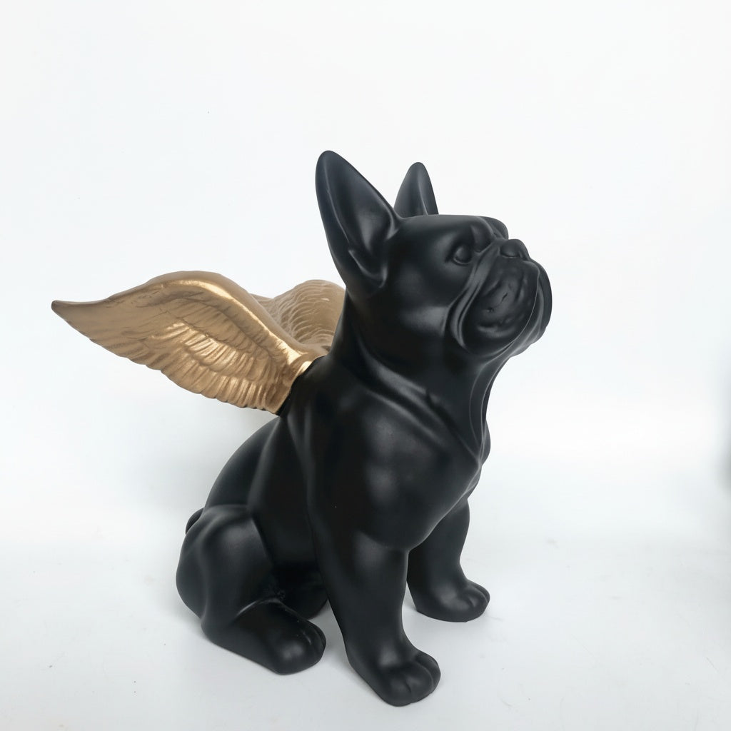 Matte Black And Gold Winged French Bulldog Sculpture