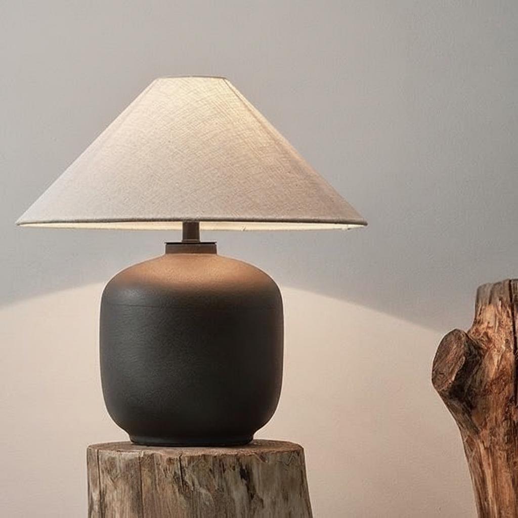 Close up angle of bulbous ceramic base and fabric shade