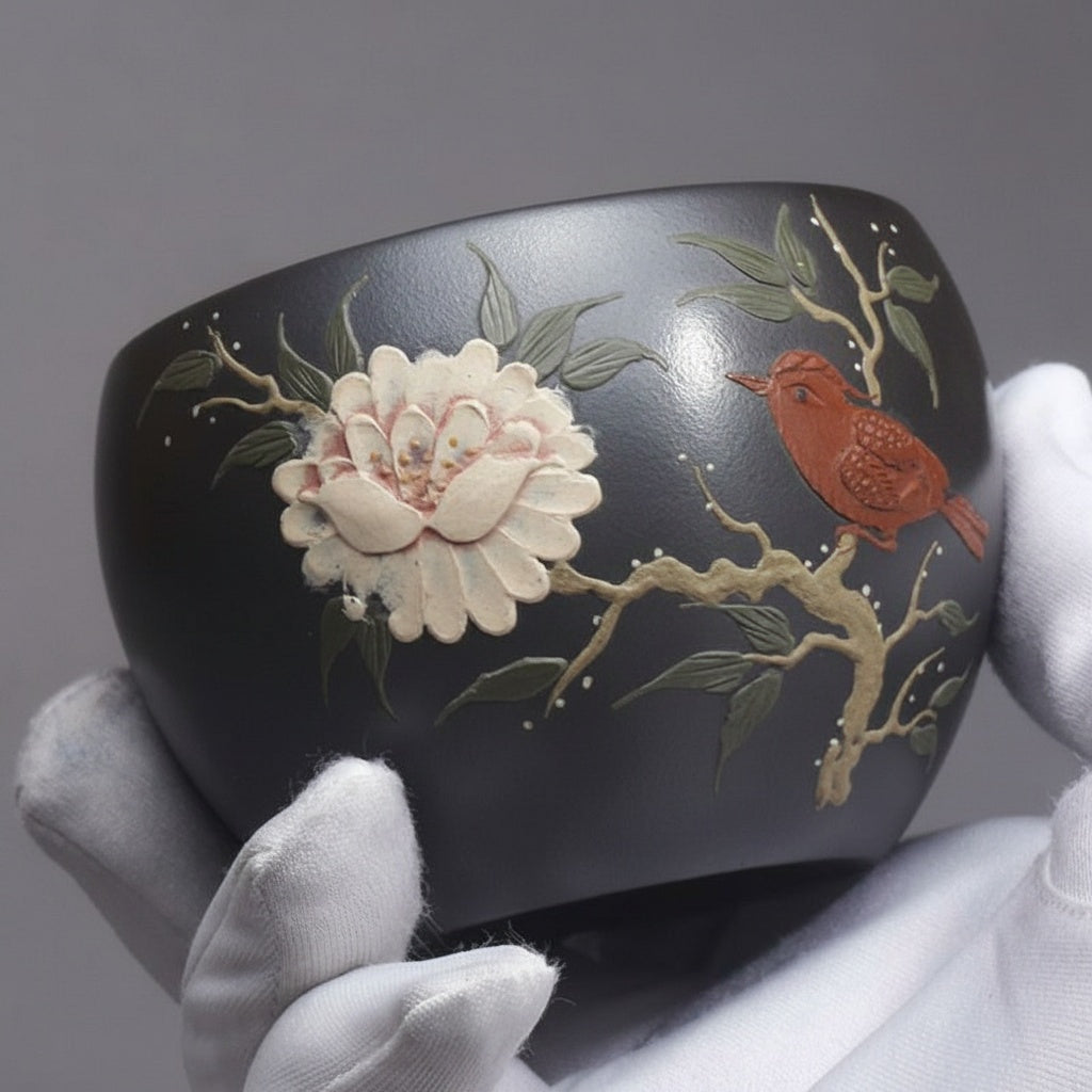 Matte Black Ceramic Floral Relief Teacup
