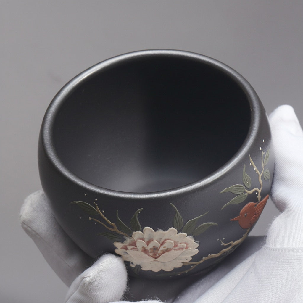 Matte Black Ceramic Floral Relief Teacup