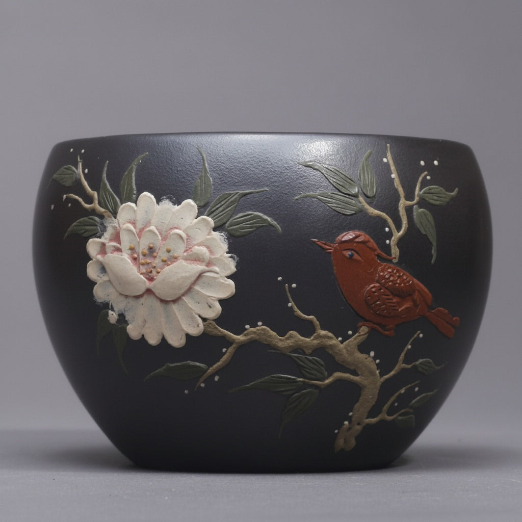 Matte Black Ceramic Floral Relief Teacup