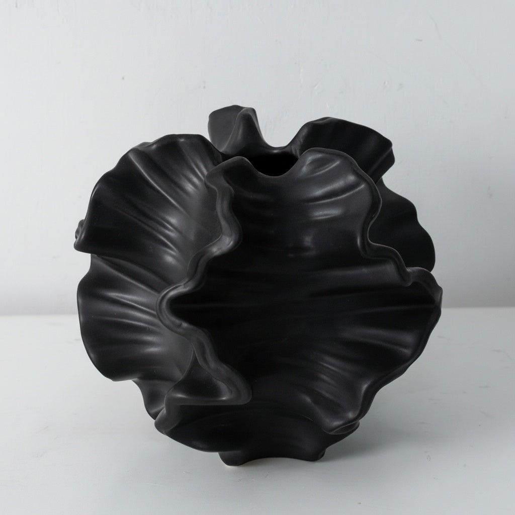 Matte Black Ceramic Ruffled Vase
