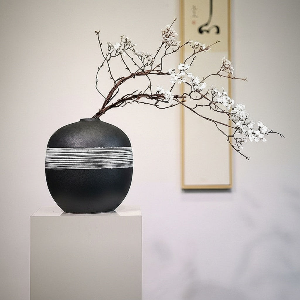 Ceramic orb vase with dried branches on pedestal