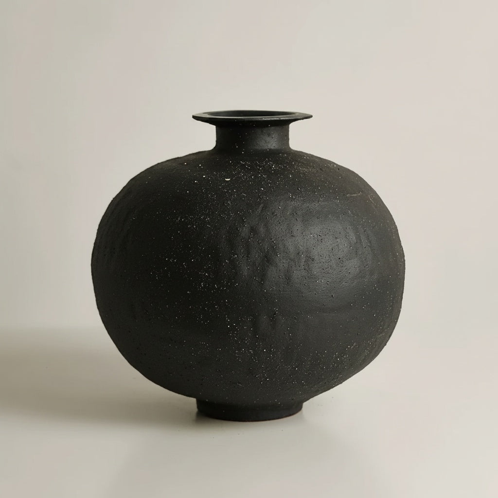 Front view of textured matte black spherical vase