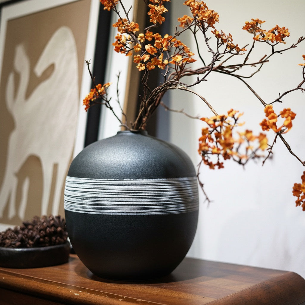Close up of black ceramic vase with white stripe detail
