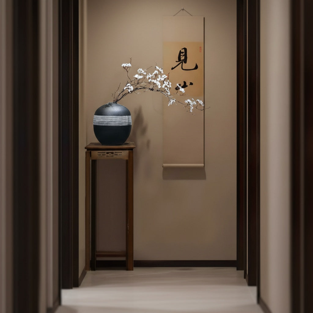 Modern black round vase in hallway setting
