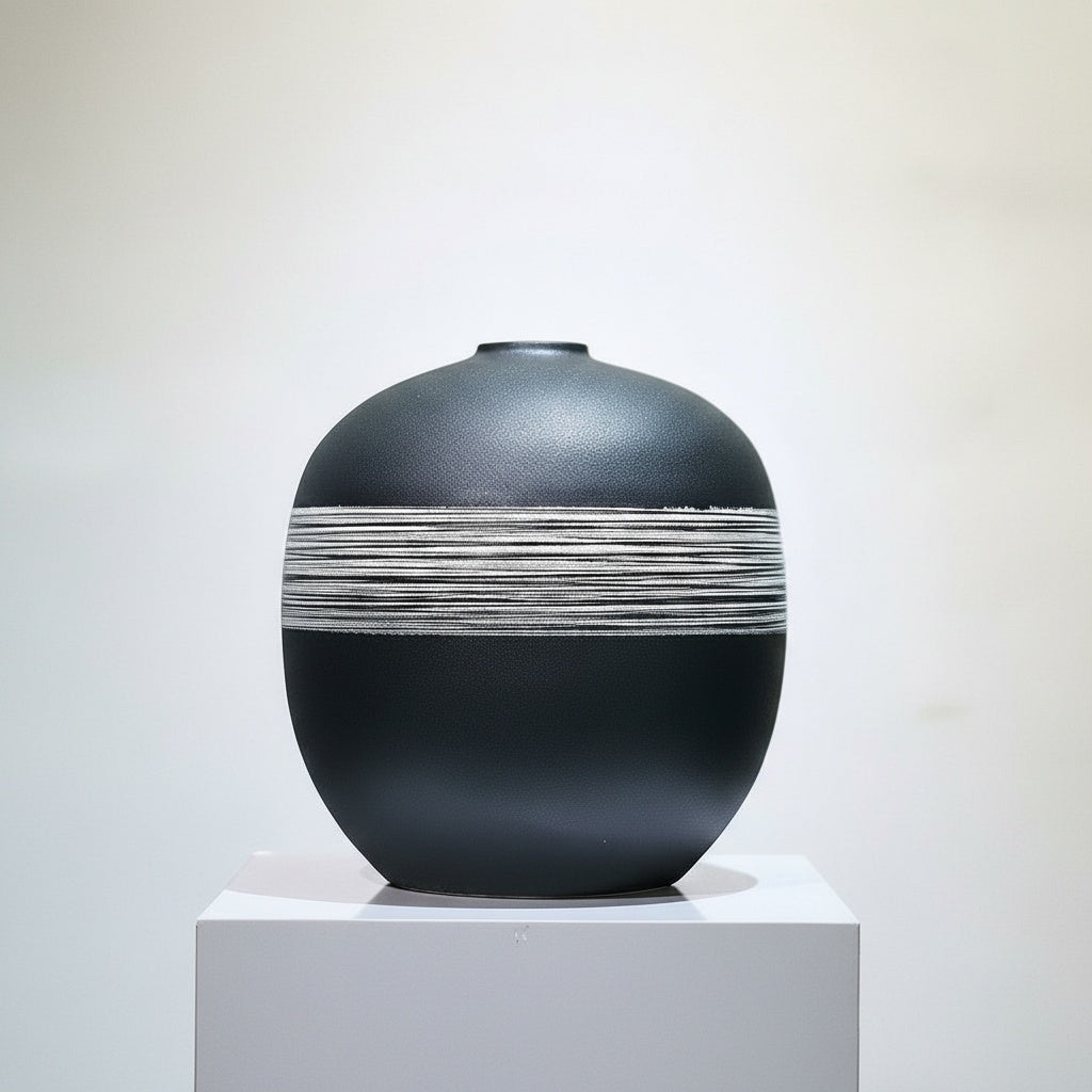 Front view of matte black vase with textured center