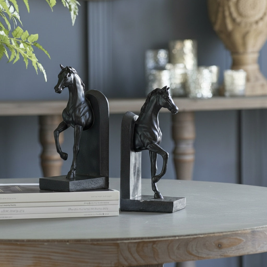 Pair of black equestrian horse bookends on table