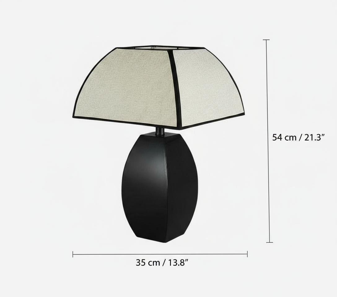 Dimensions diagram of matte black sculptural table lamp