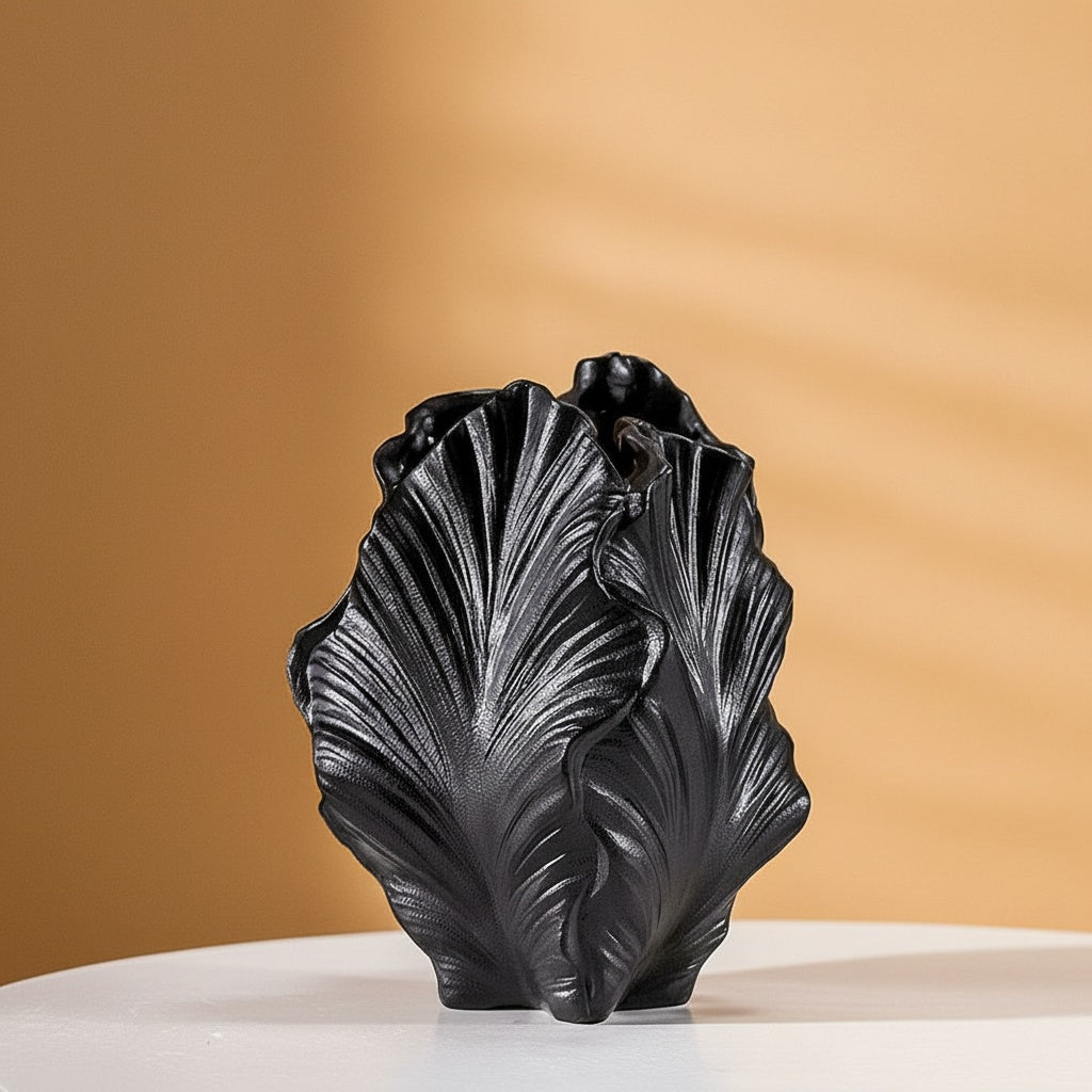 Matte Black Textured Leaf Vase