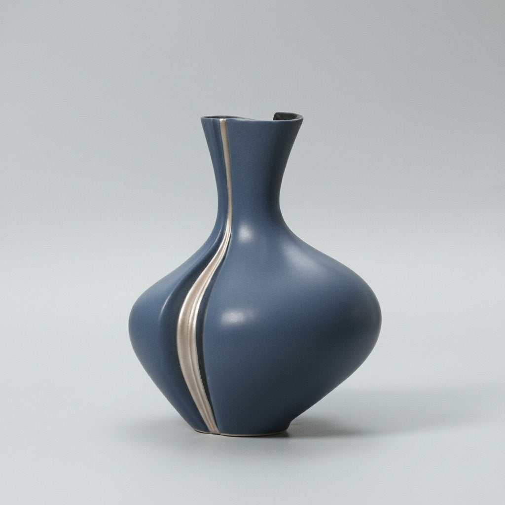 Matte blue ceramic decorative vase with silver accent line