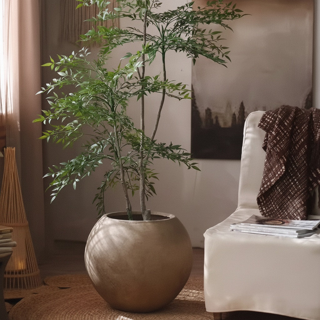 Matte bronze finish spherical planter styling with indoor tree